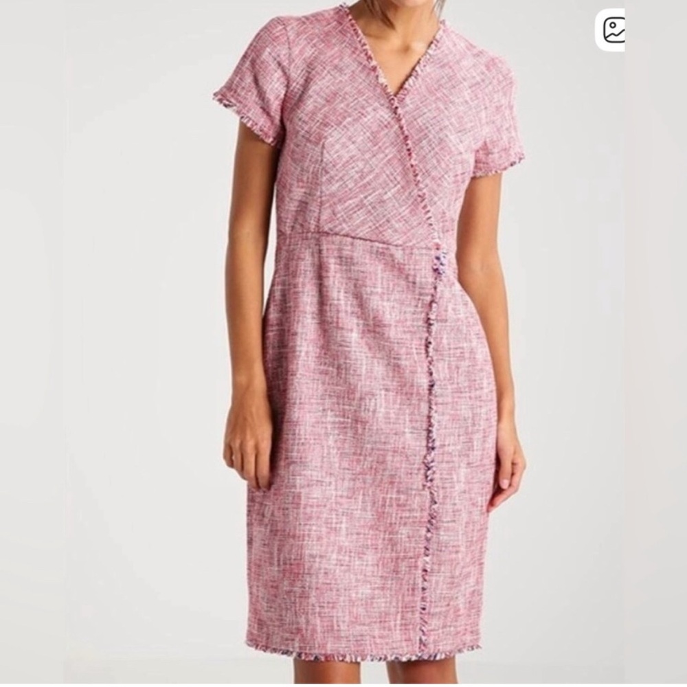 Banana Republic Pink Tweed Fringed Faux Wrap Sheath Dress 8P - Picture 2 of 8